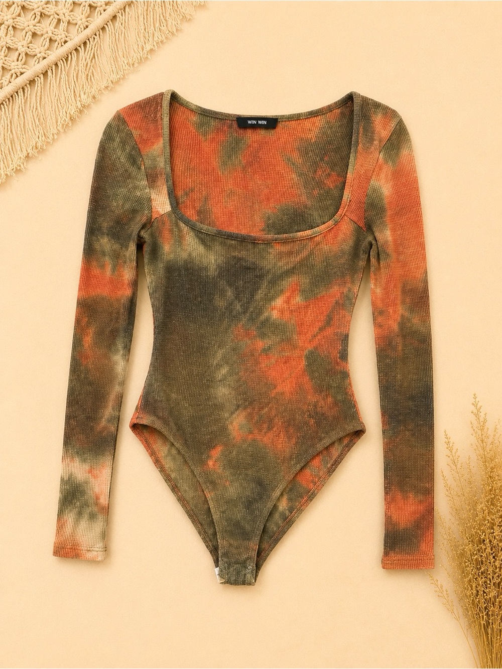 WinWin Olive & Rust Tie-Dye Scoop Neck Long Sleeve Bodysuit